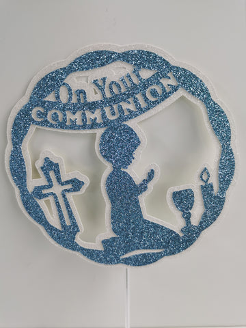 Circle Style' On your Communion' Praying Child Glitter (E/Boy) Cake Topper 12 Colours