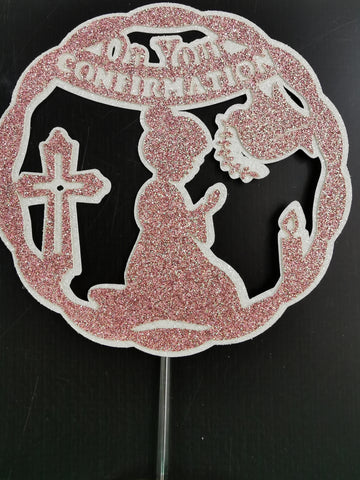 Circle Style' On your Confirmation' Praying Child Glitter (D/Girl) Cake Topper 12 Colours