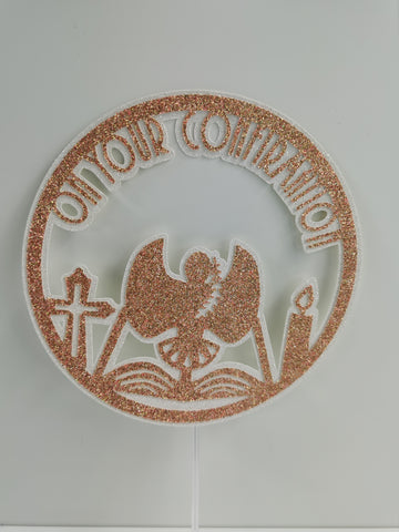 Circle Style' On your Confirmation' Dove & Candle Glitter (B) Cake Topper 12 Colours