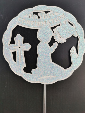 Circle Style' On your Confirmation' Praying Child Glitter (D/Boy) Cake Topper 12 Colours