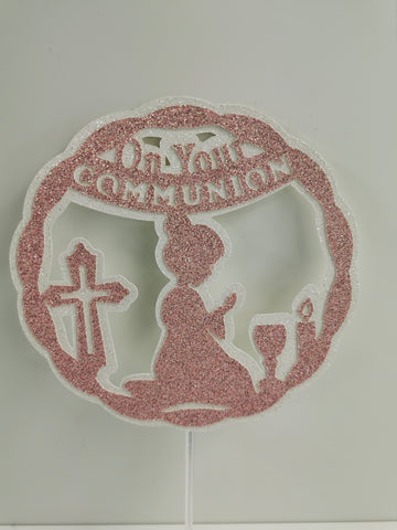 Circle Style' On your Communion' Praying Child Glitter (E/Girl) Cake Topper 12 Colours