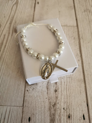 Confirmation White Faux Pearl Adjustable Bracelet with Gift Box