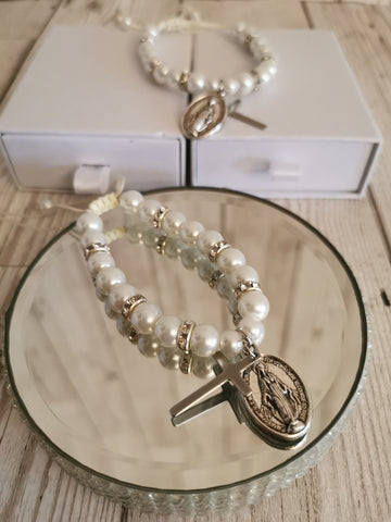 Holy Communion White Faux Pearl Adjustable Bracelet with Gift Box