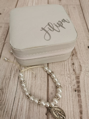 Personalised Jewellery Box & White Faux Pearl Adjustable Bracelet Set