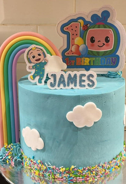 Personalised Cocomelon 1st Birthday Style Glitter Cake Topper