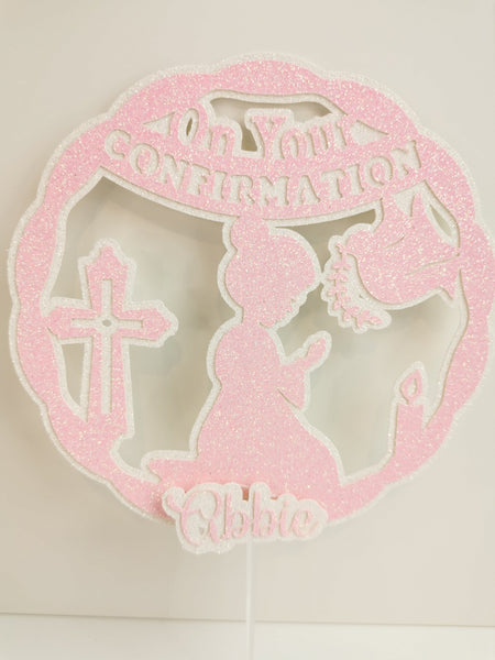 Personalised Circle' On your Confirmation' Praying Child Glitter (D/Girl) Cake Topper 12 Colours
