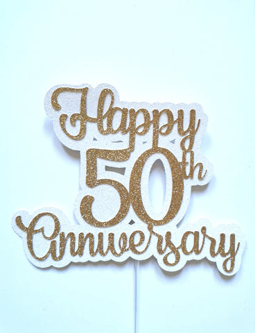 Happy 50th Wedding Anniversary Style Gold Glitter Cake Topper
