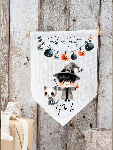 Personalised Trick or Treat Halloween Wizard & Cat Design Flag Pendant
