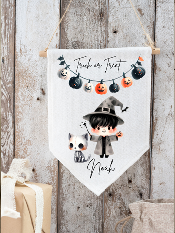 Personalised Trick or Treat Halloween Wizard & Cat Design Flag Pendant