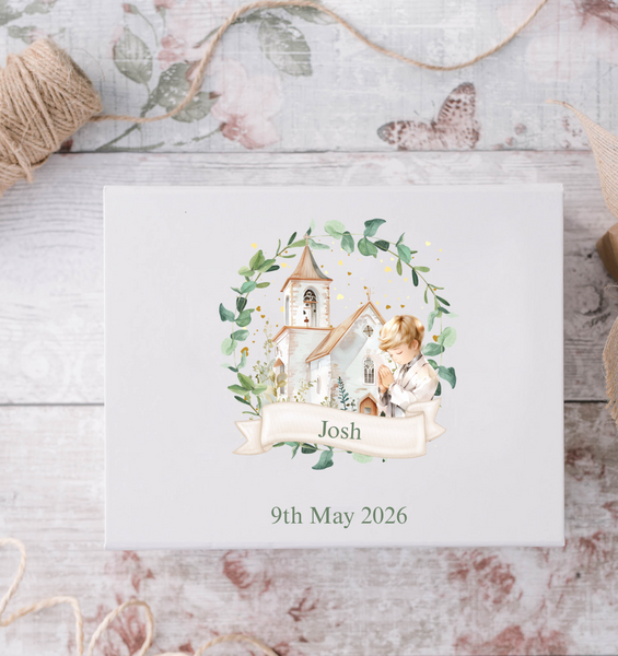 Personalised First Holy Communion Boys Church & Wreath Style Gift Box