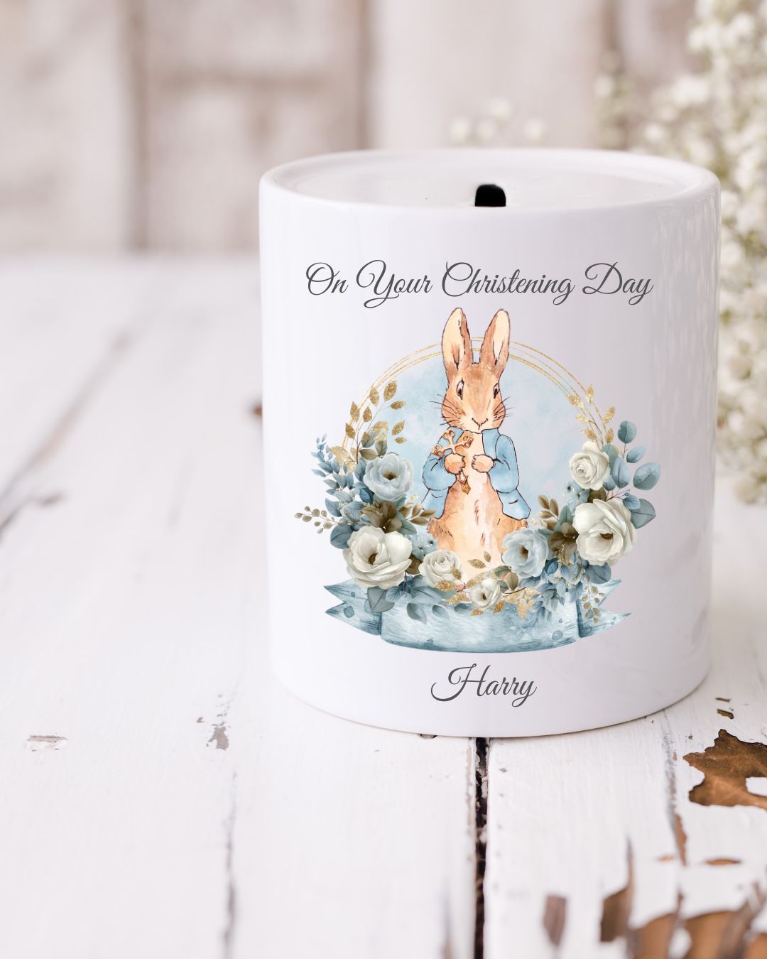 Personalised On Your Christening Day Peter Rabbit Money Box