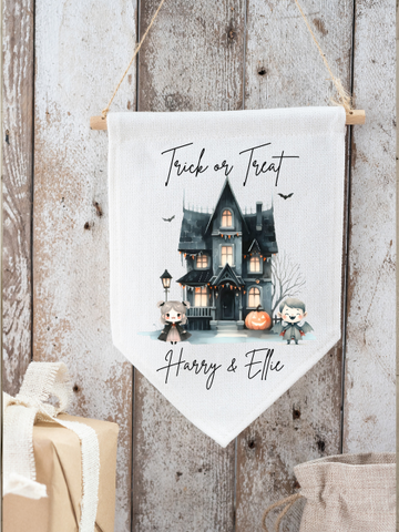 Personalised Trick or Treat Halloween Haunted House Flag Pendant