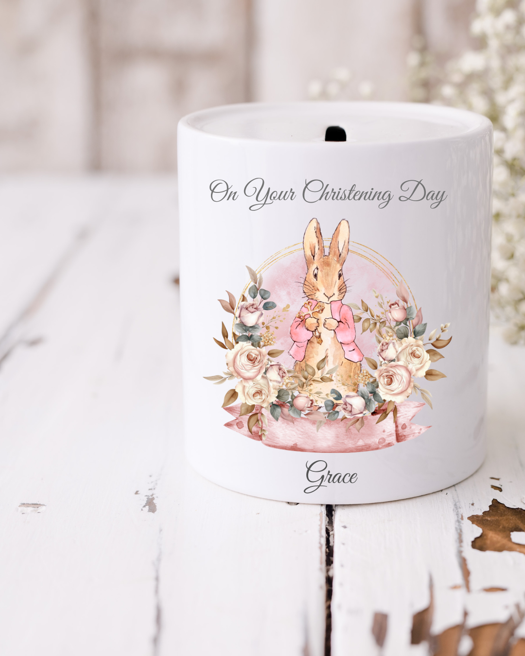 Personalised On Your Christening Day Flopsy Rabbit Money Box