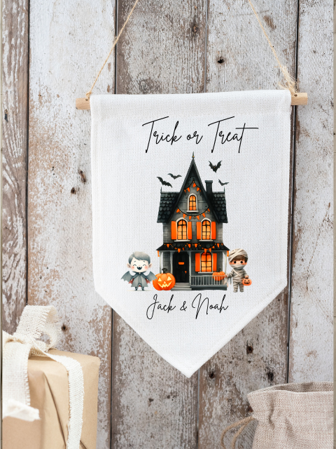 Personalised Dracula & Mummy Trick or Treat Haunted House Flag Pendant