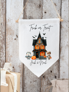 Personalised Dracula & Mummy Trick or Treat Haunted House Flag Pendant
