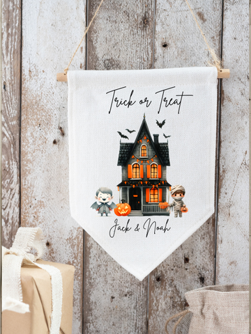 Personalised Dracula & Mummy Trick or Treat Haunted House Flag Pendant