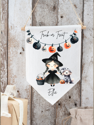Personalised Trick or Treat Halloween Witch & Dog Design Flag Pendant