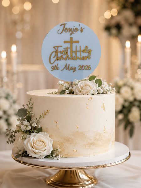 Personalised First Holy Communion Acrylic 4" Round Cake Topper Gold Text