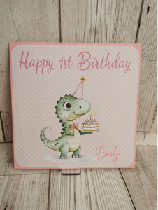 Personalised 1st Birthday Card Pink Dinosaur Theme