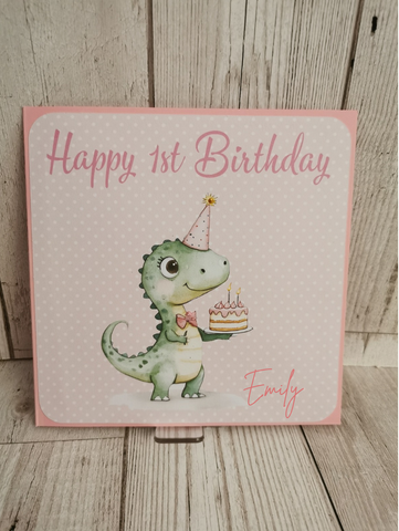 Personalised 1st Birthday Card Pink Dinosaur Theme