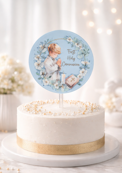 First Holy Communion Boy Acrylic 4" Round Cake Topper