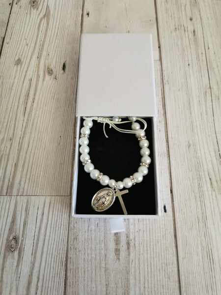 Confirmation White Faux Pearl Adjustable Bracelet with Gift Box