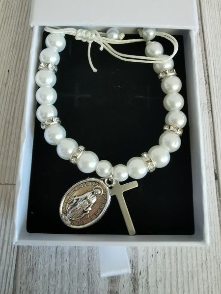 Confirmation White Faux Pearl Adjustable Bracelet with Gift Box