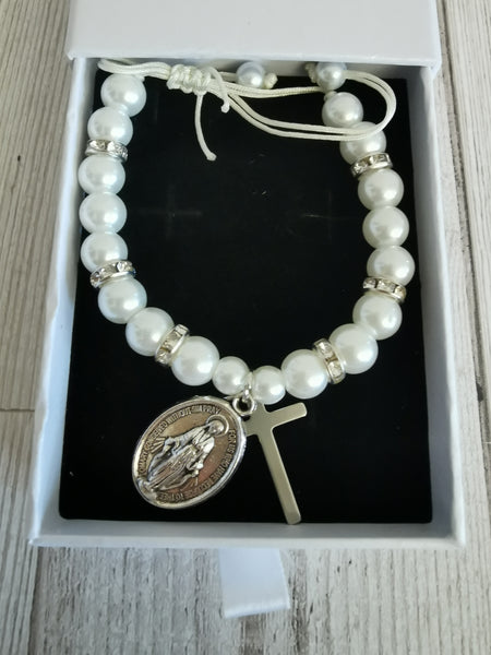 Holy Communion White Faux Pearl Adjustable Bracelet with Gift Box