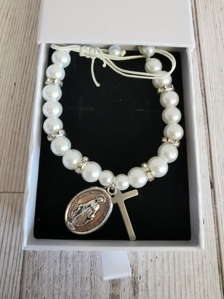 Confirmation White Faux Pearl Adjustable Bracelet with Gift Box