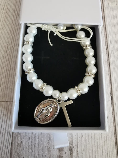 Holy Communion White Faux Pearl Adjustable Bracelet with Gift Box