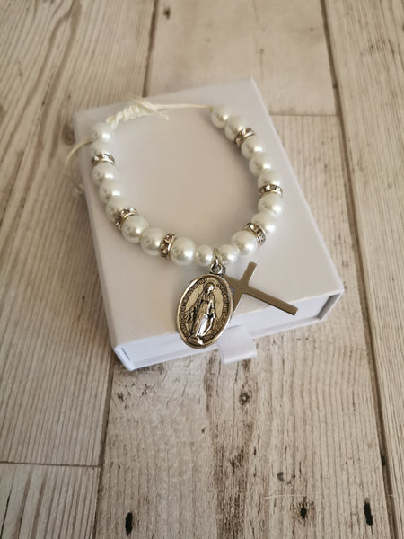 Confirmation White Faux Pearl Adjustable Bracelet with Gift Box