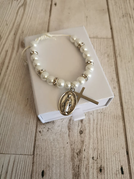 Holy Communion White Faux Pearl Adjustable Bracelet with Gift Box