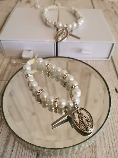 Confirmation White Faux Pearl Adjustable Bracelet with Gift Box