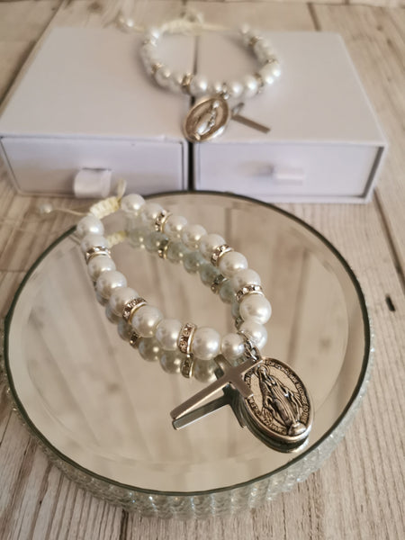 Confirmation White Faux Pearl Adjustable Bracelet with Gift Box