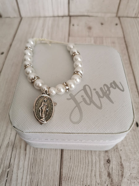 Personalised Jewellery Box & White Faux Pearl Adjustable Bracelet Set