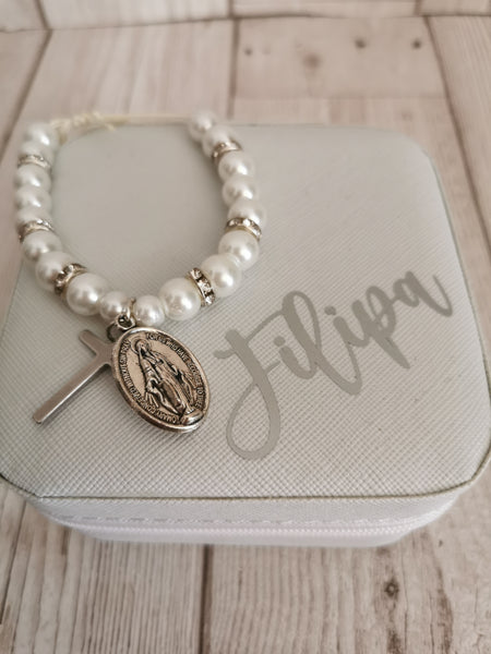 Personalised Jewellery Box & White Faux Pearl Adjustable Bracelet Set