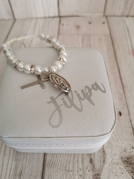 Personalised Jewellery Box & White Faux Pearl Adjustable Bracelet Set