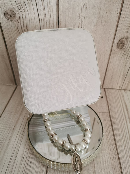 Personalised Jewellery Box & White Faux Pearl Adjustable Bracelet Set