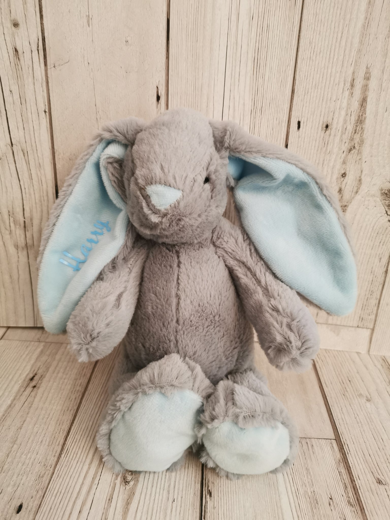 Personalised Grey & Blue Velour Bunny Soft Toy