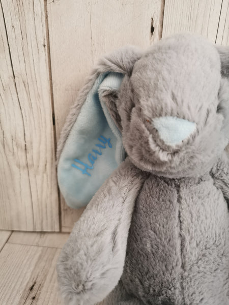 Personalised Grey & Blue Velour Bunny Soft Toy