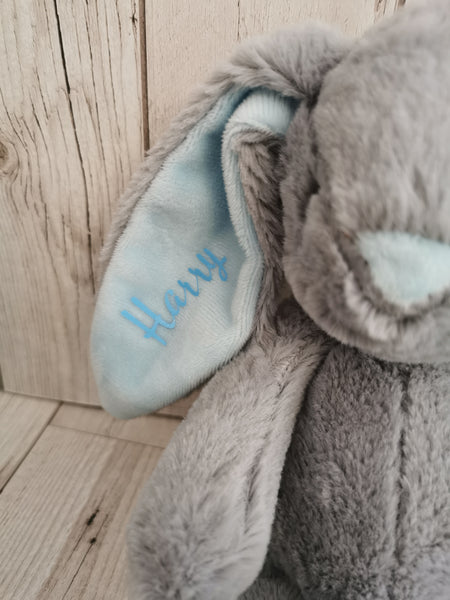 Personalised Grey & Blue Velour Bunny Soft Toy