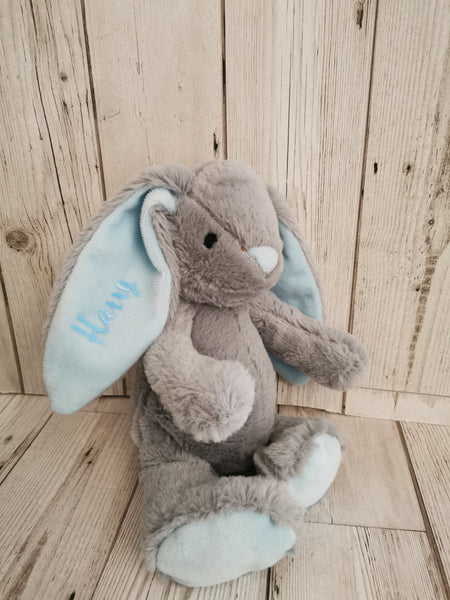 Personalised Grey & Blue Velour Bunny Soft Toy