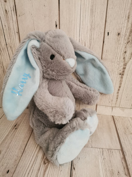 Personalised Grey & Blue Velour Bunny Soft Toy