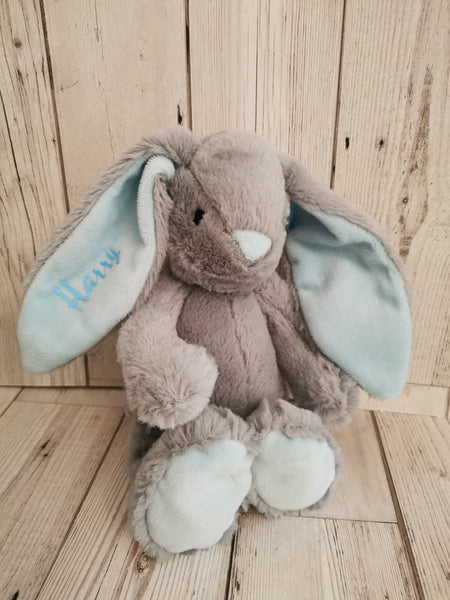 Personalised Grey & Blue Velour Bunny Soft Toy