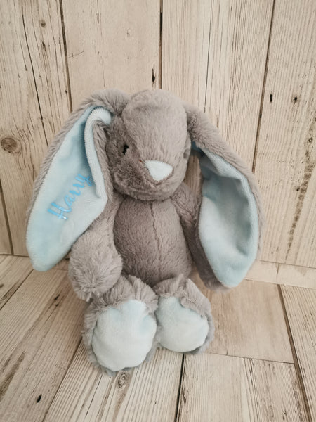 Personalised Grey & Blue Velour Bunny Soft Toy