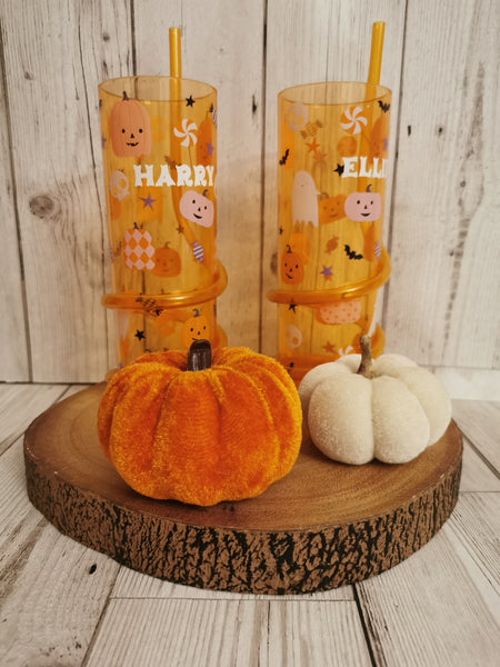 Personalised Orange Halloween Tumbler with Straw