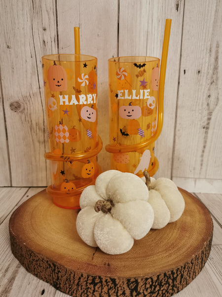 Personalised Orange Halloween Tumbler with Straw