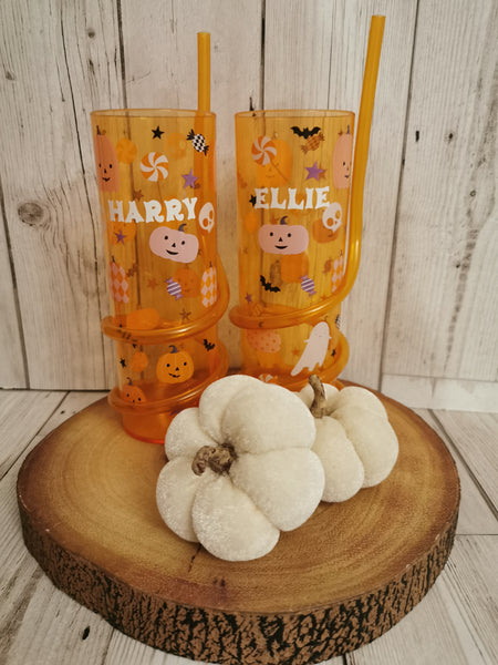 Personalised Orange Halloween Tumbler with Straw