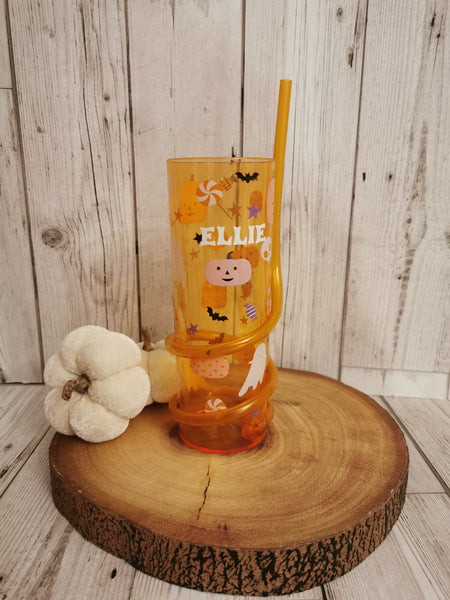Personalised Orange Halloween Tumbler with Straw