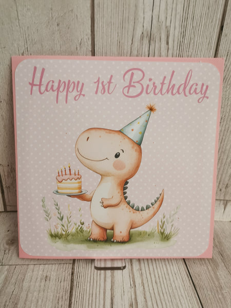 Personalised 1st Birthday Card Pink Dinosaur Theme